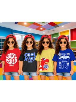 LEOTUDE - Girls Multi-Color Graphic Printed Cotton T-shirts (Pack of 4)