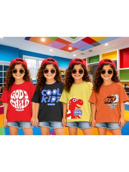 LEOTUDE - Girls Multi-Color Graphic Printed Cotton T-shirts (Pack of 4)