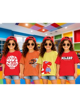 LEOTUDE - Girls Multi-Color Graphic Printed Cotton T-shirts (Pack of 4)