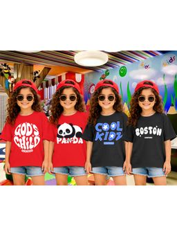 LEOTUDE - Girls Multi-Color Graphic Printed Cotton T-shirts (Pack of 4)
