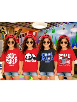 LEOTUDE - Girls Multi-Color Graphic Printed Cotton T-shirts (Pack of 4)