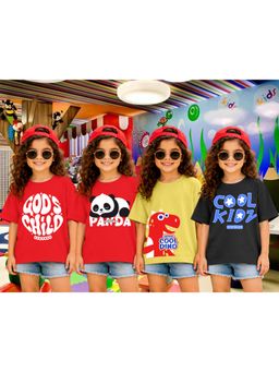 LEOTUDE - Girls Multi-Color Graphic Printed Cotton T-shirts (Pack of 4)