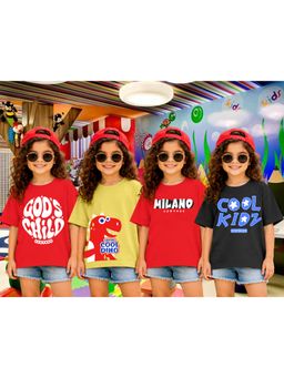 LEOTUDE - Girls Multi-Color Graphic Printed Cotton T-shirts (Pack of 4)