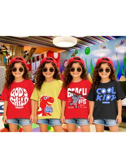 LEOTUDE - Girls Multi-Color Graphic Printed Cotton T-shirts (Pack of 4)