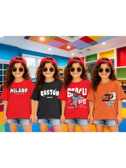LEOTUDE - Girls Multi-Color Graphic Printed Cotton T-shirts (Pack of 4)
