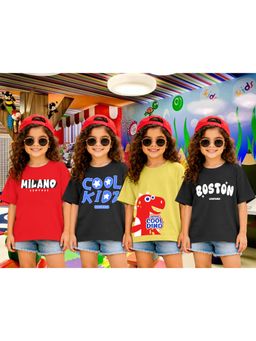LEOTUDE - Girls Multi-Color Graphic Printed Cotton T-shirts (Pack of 4)