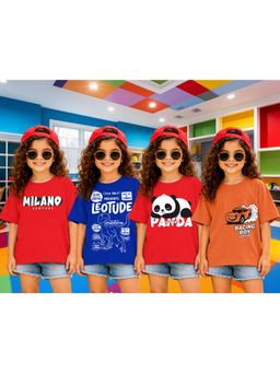 LEOTUDE - Girls Multi-Color Graphic Printed Cotton T-shirts (Pack of 4)