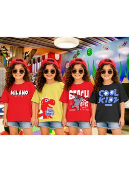 LEOTUDE - Girls Multi-Color Graphic Printed Cotton T-shirts (Pack of 4)