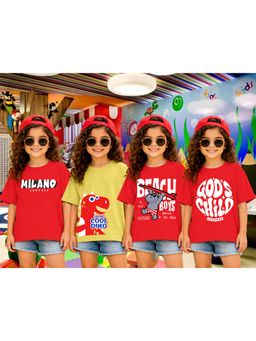 LEOTUDE - Girls Multi-Color Graphic Printed Cotton T-shirts (Pack of 4)