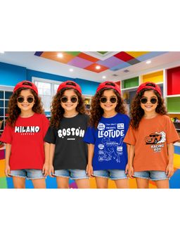 LEOTUDE - Girls Multi-Color Graphic Printed Cotton T-shirts (Pack of 4)