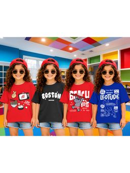 LEOTUDE - Girls Multi-Color Graphic Printed Cotton T-shirts (Pack of 4)