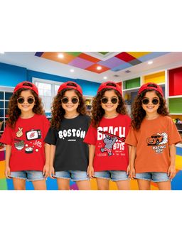 LEOTUDE - Girls Multi-Color Graphic Printed Cotton T-shirts (Pack of 4)