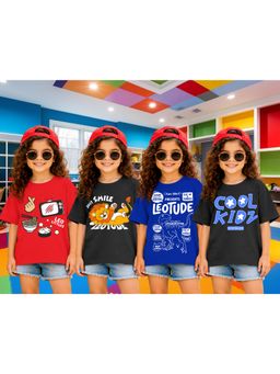 LEOTUDE - Girls Multi-Color Graphic Printed Cotton T-shirts (Pack of 4)