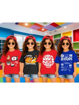 LEOTUDE - Girls Multi-Color Graphic Printed Cotton T-shirts (Pack of 4)