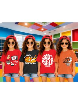 LEOTUDE - Girls Multi-Color Graphic Printed Cotton T-shirts (Pack of 4)