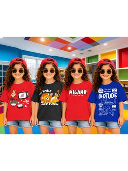 LEOTUDE - Girls Multi-Color Graphic Printed Cotton T-shirts (Pack of 4)