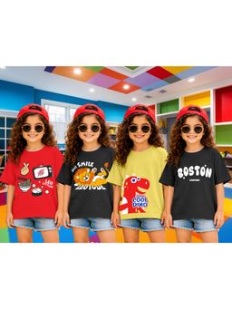 LEOTUDE - Girls Multi-Color Graphic Printed Cotton T-shirts (Pack of 4)