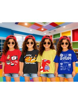 LEOTUDE - Girls Multi-Color Graphic Printed Cotton T-shirts (Pack of 4)