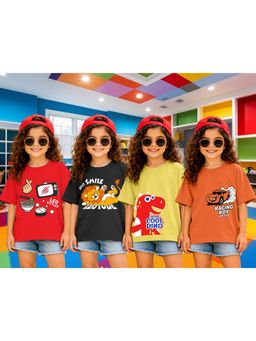 LEOTUDE - Girls Multi-Color Graphic Printed Cotton T-shirts (Pack of 4)