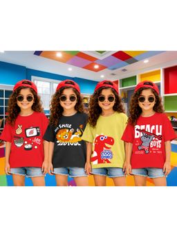 LEOTUDE - Girls Multi-Color Graphic Printed Cotton T-shirts (Pack of 4)