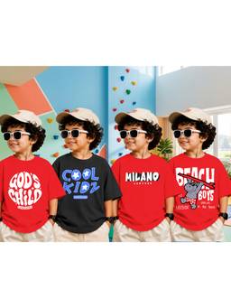 LEOTUDE - Boys Red-Black Graphic Printed Cotton T-shirts (Pack of 4)