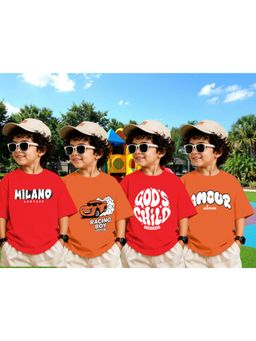 LEOTUDE - Boys Red-Orange Graphic Printed Cotton T-shirts (Pack of 4)