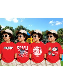 LEOTUDE - Boys Red Graphic Printed Cotton T-shirts (Pack of 4)