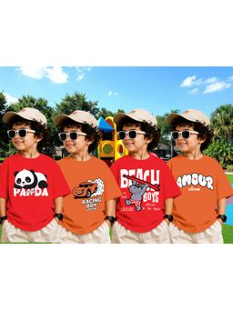 LEOTUDE - Boys Red-Orange Graphic Printed Cotton T-shirts (Pack of 4)