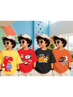 LEOTUDE - Boys Multi-Color Graphic Printed Cotton T-shirts (Pack of 4)