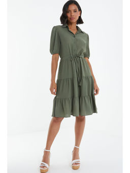 Quiz Clothing - Grey Bubble Crepe Puff Sleeve Tiered Shirt Dress