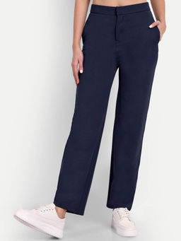 BROADSTAR - Women Navy Blue Solid Regular Fit High-Rise Trouser