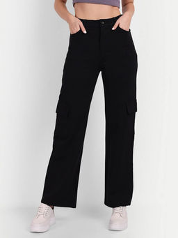 BROADSTAR - Women Black Straight Fit High-Rise Cargo Pocket Trouser