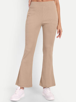 BROADSTAR - Women Dark Beige Ribbed Stretchable Bootcut Corduroy Trouser