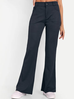 BROADSTAR - Women Black Ribbed Stretchable Bootcut Trouser