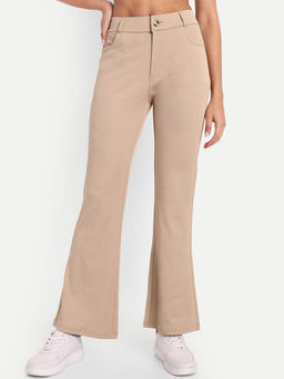 BROADSTAR - Women Beige Ribbed Stretchable Bootcut Trouser