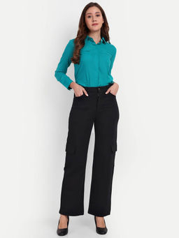 BROADSTAR - Women Black Solid Regular Fit Cargo Pocket Trouser