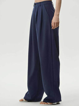 BROADSTAR - Women Navy Blue Solid Loose Fit High-Rise Parallel Trouser