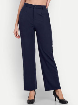 BROADSTAR - Women Navy Blue High-Rise Straight Fit Trouser