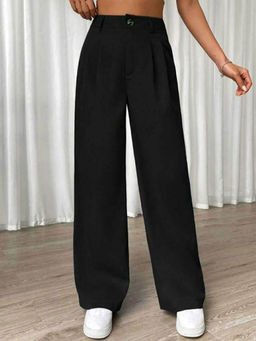 BROADSTAR - Women Black Solid High Waist Straight Trouser