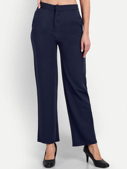 BROADSTAR - Women Navy Blue Solid Straight Fit Stretchable Trouser