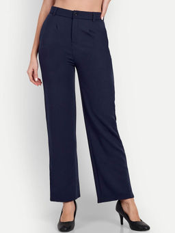 BROADSTAR - Women Navy Blue Smart Straight Fit High-Rise Trouser