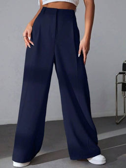 BROADSTAR - Women Navy Blue Pleated Korean Trouser