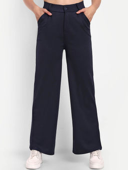 BROADSTAR - Women Navy Blue Solid Wide Leg Trouser
