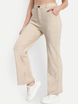 BROADSTAR - Women Light Beige Straight Fit High-Rise Corduroy Trouser