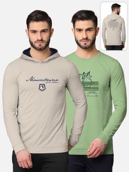 BULLMER - Printed Full Sleeve T-shirt For Men Beige And Green (Pack of 2)