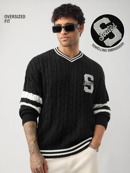 The Souled Store - Cable Knit Varsity Black Men Oversized Pullover Sweater