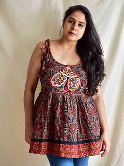 Sundarii - Gayathri - Red Ajrakh Hand Embroidered Top