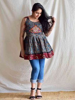 Sundarii - Raina - Ajrakh Blue Hand Embroidered Top