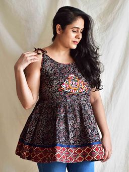 Sundarii - Meera - Black Ajrakh Hand Embroidered Top