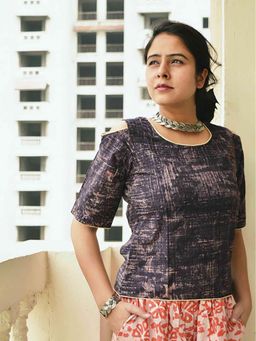 Sundarii - Black Ajrakh Brush Stroke Cotton Crop Top